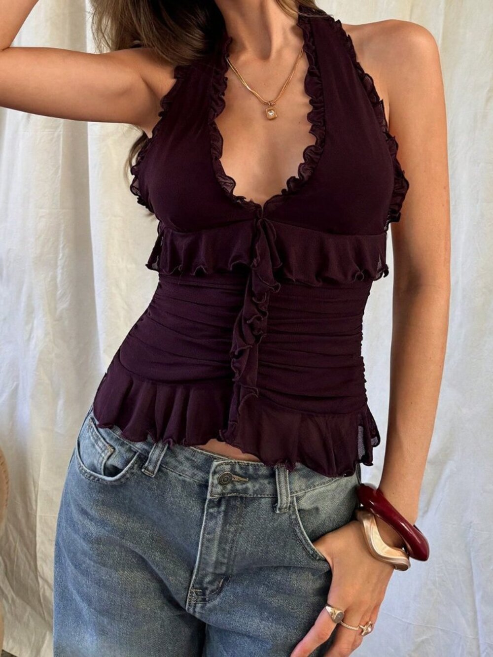 Purple Y2K Romantic Women's Ruffle V-Neck Sleeveless Knit Tank Top - Picture 4 of 7